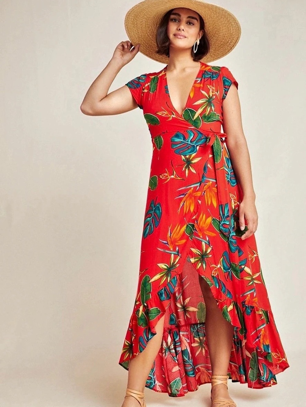 NWT Anthropologie XIX Palms Santiago Wrap Maxi Dress Tropical Red Size Large